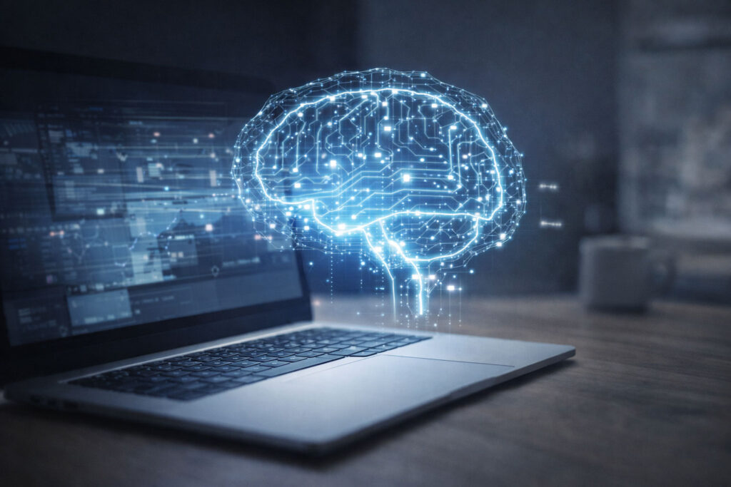 AI visualization showing a digital brain emerging from a laptop, representing intelligent systems integrated into a modern website